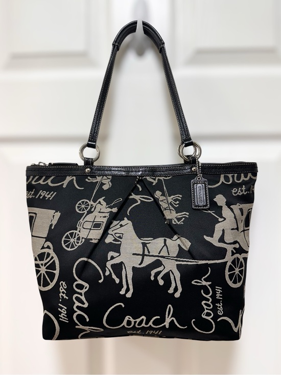 Coach Horse & Carriage Graphic Print Tote Black and White Y2K